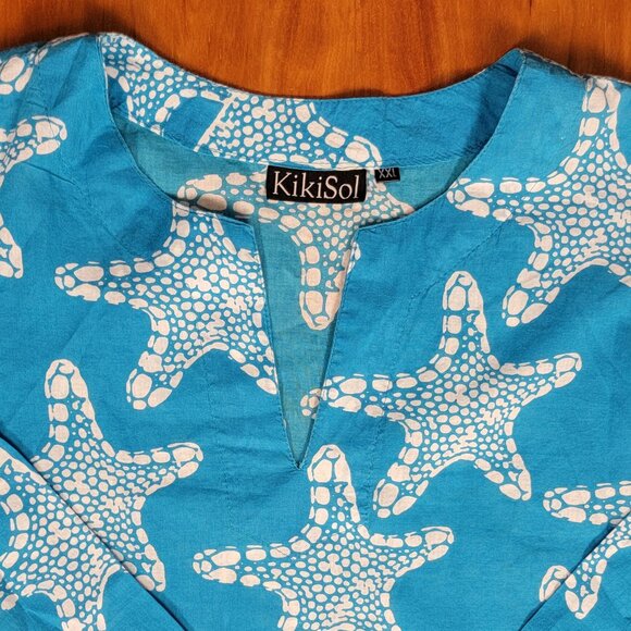 Kikisol Aqua White Starfish 100% Cotton Lightweight Tunic Coverup- XXL - Picture 8 of 9